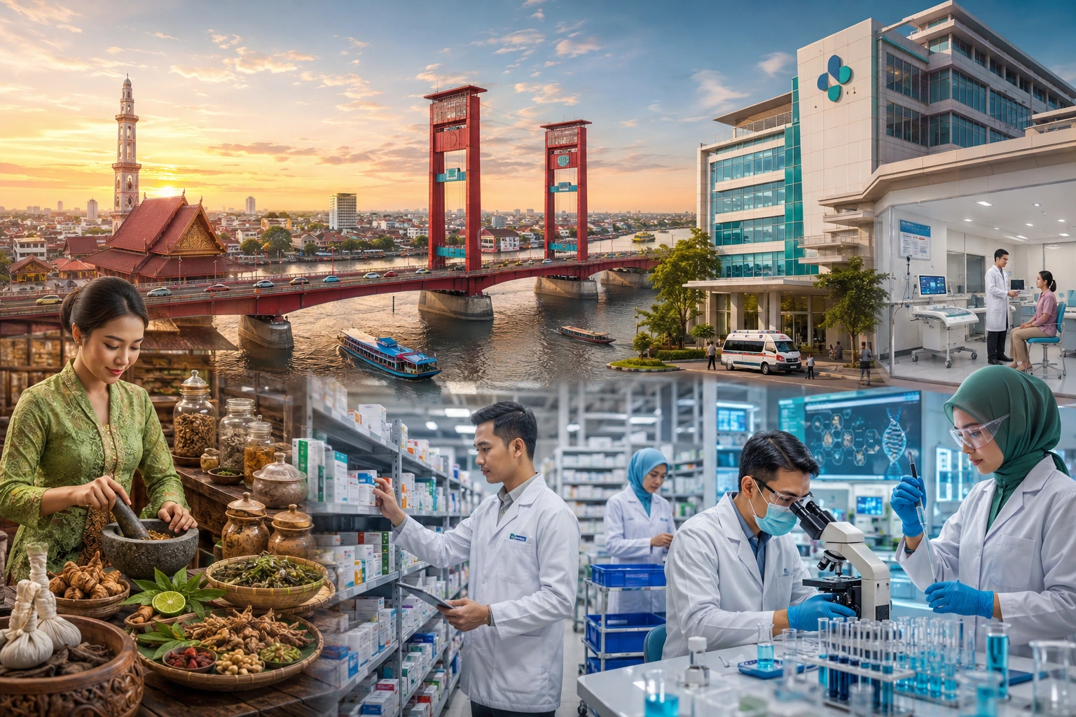Estudiantes de farmacia en Palembang realizando investigaciones biotecnológicas en laboratorio